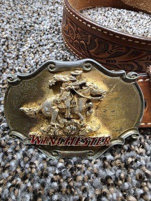 RARE Vintage 1980 Winchester Raintree Belt Buckle Cowboy Horse Tooled Leather 34