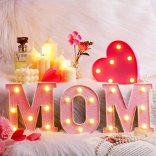 4-Pcs Mother's Day LED Light-Up Letters, Mom Sign, Battery Powered, Pink