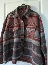 La Miel Women Size Large Blanket Jacket Boho Southwest Aztec Shacket Red Native