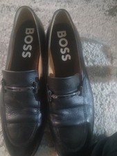 BOSS Black Leather Loafer Dress Shoes Slip On Logo Metal Bar for Men