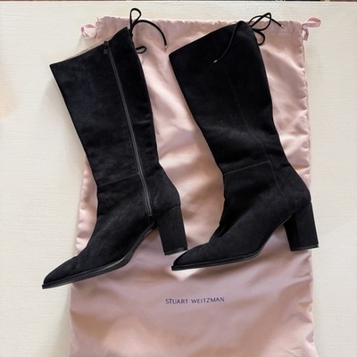 Stuart Weitzman Black Suede Knee High Boots Block Heel Size 7.5 w/Dust Bag