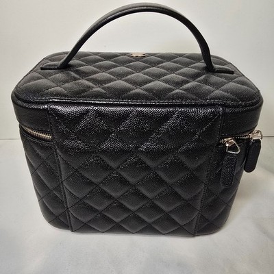 Chanel Black Leather Top Handle Toiletry Vanity Travel Train Case