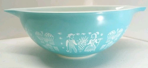 Vintage Pyrex 4Qt Mixing Bowl #444 Turquoise Blue Cinderella Amish Butterprint