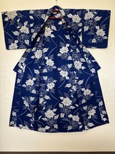 Vintage Japanese Yukata Kimono Navy Blue White Floral Cotton Robe 62" Long