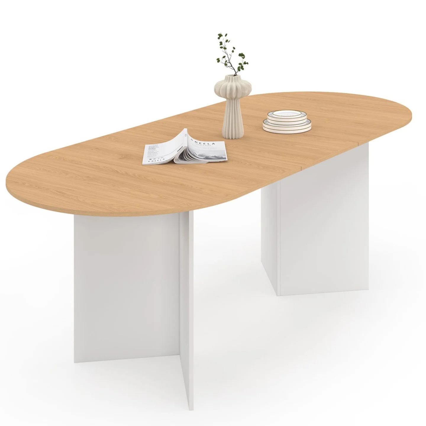 Table à manger extensible ovale MARTHE en bois de hêtre et blanc pour 6 à 10 personnes