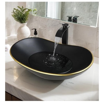 Ceramic Matte Black Bathroom Sink Gold Trim Oval Porcelain Vessel Faucet & Drain