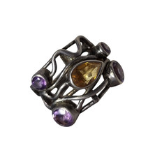 Natural Amethyst and Topaz Gemstone Ring in Vintage Sterling Silver US Size 5.5