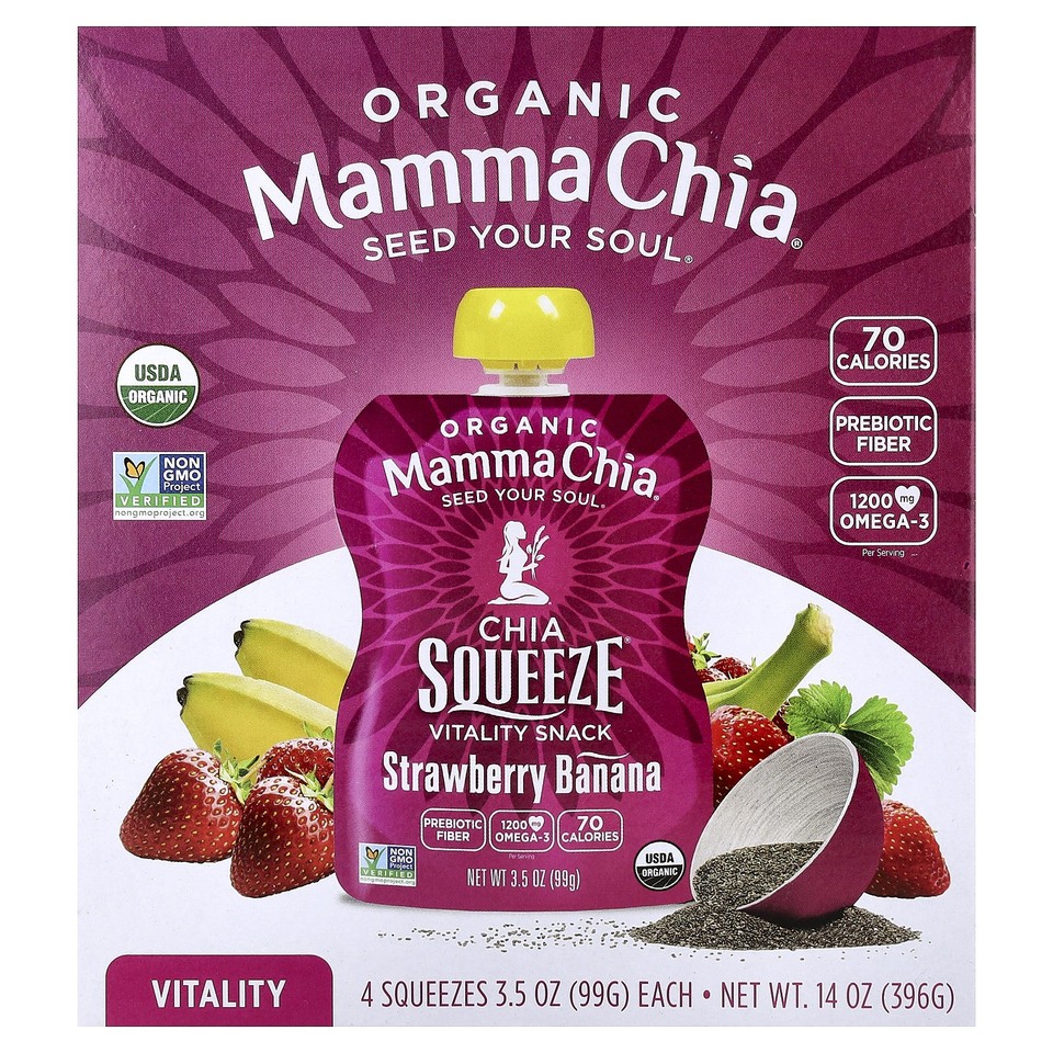 Organic Chia Squeeze® Vitality Snack, Strawberry Banana, 4 Pack, 3.5 oz (99 g)