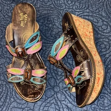 SPRING STEP Bonita Sandals 39 8.5 Brown Multi Leather Slide Cork Wedge Jeweled