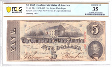 1863 $5 Confederate States of America T-60 PCGS Choice Very Fine 35 #22467
