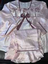 Women's Silk Satin Pajamas Set PJ Pink Floral Embroidery Bow Ruffles Size 14