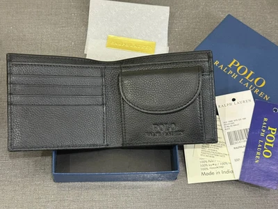 NEW POLO RALPH LAUREN BIFOLD BLACK LEATHER WALLET WITH COIN POCKET