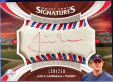 /299 Red/Blue Stitch: JUSTIN MORNEAU Auto 2006 Sweet Spot Signatures #SS-MO /299
