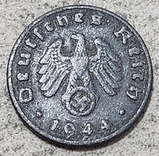 NAZI GERMANY / ONE (1) REICHSPFENNIG COIN 1944 E (MULDENHÜTTEN MINT / WARTIME)