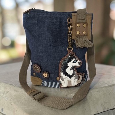 Chala Crossbody Bag Husky Dog Leather Charm Blue Denim Applique Purse Handbag 