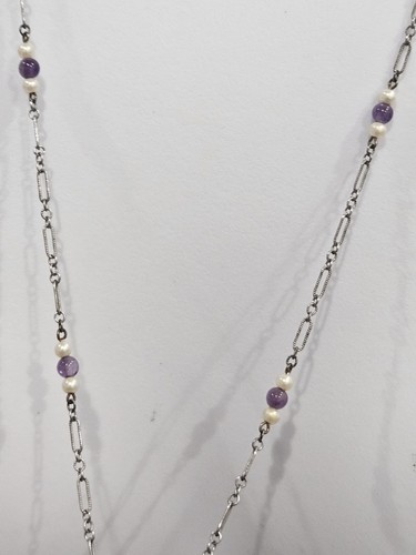Antique Art Deco Amethyst Glass Faux Pearl Filigree Rhodium Plated Necklace 23" - Picture 6 of 14
