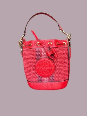 Coach Mini Dempsey Bucket Bag Red Straw With Coach Patch