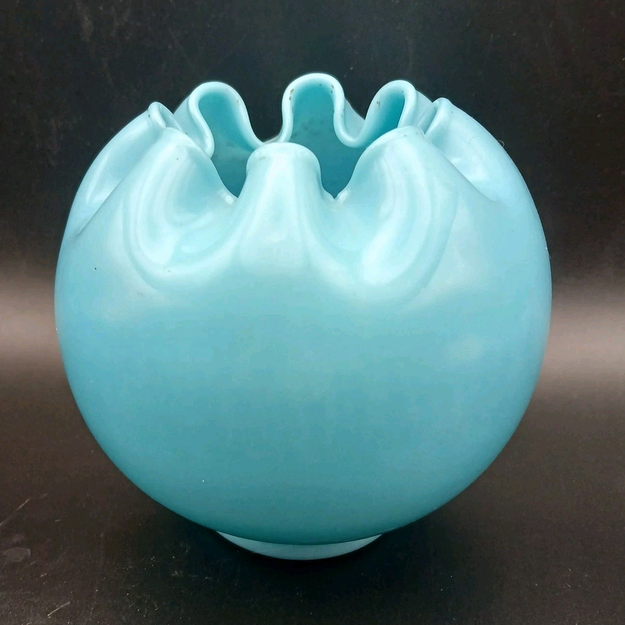 Antique Blue Satin Glass Footed Rose Bowl with Ruffled Rim
