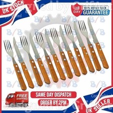 12PC PROFESSIONAL STEAK KNIVES AND FORKS WOODEN HANDLE CUTLERY KNIFE SHARP BLADE