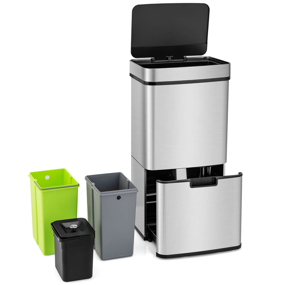 19 Gal Stainless Steel Trash Can w/ Kitchen Waste Bin & 2 Bottom