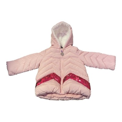 DKNY Coat Baby Girl 18 Months Pink Hooded Puffer Jacket Dark Pink Sequins