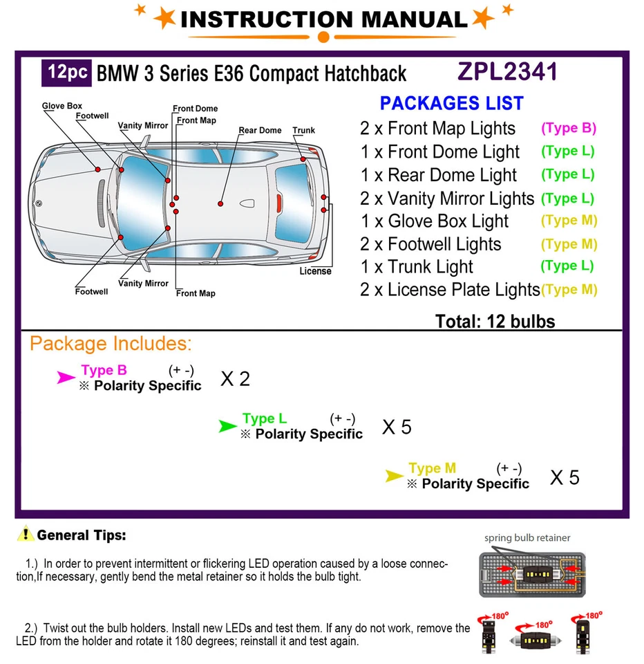 12 LED Light Bulbs Interior Light Kit for BMW 3 Series E36 Compact Hatchback - Image 2 of 4