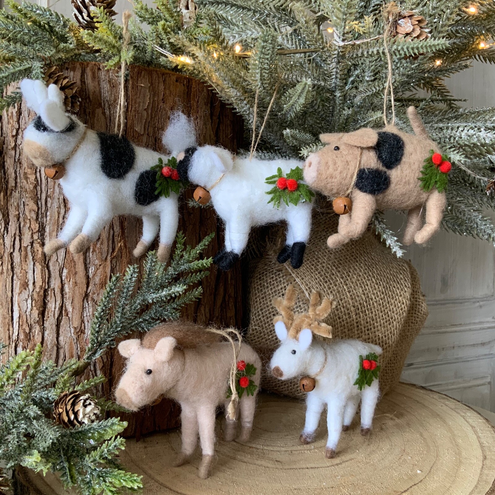 5 x Wool Farmyard Animal Christmas Tree Decorations Gisela Graham Goat Pig Cow