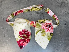 Handmade Oversized Cream/Red FloraL Bow tie Vintage style Wedding Prom