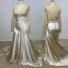 Antique 1930s Bias Cut Handmade Lace Silk Wedding Gown Dress Cream V Neck As Is