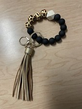Gold Black Leopard Wooden Beaded Wristlet Keychain With Tassel