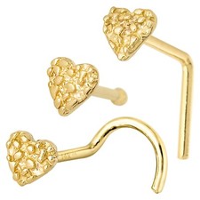 22G Solid 14K Yellow Gold Nugget Heart Nose Stud Nose Ring, L-Bend, Ball-end