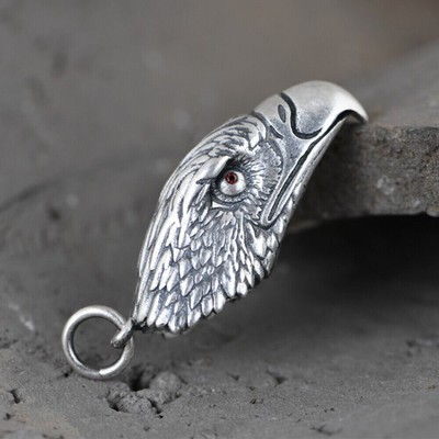Real Solid 999 Fine Silver Pendants Eagle Head Feather Fashion Gothic Jewelry