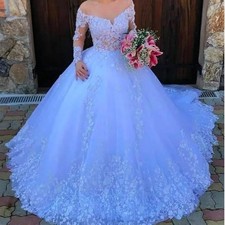 Luxury Wedding Dresses Sheer Back Buttons Long Sleeves O-neck Bridal Gowns