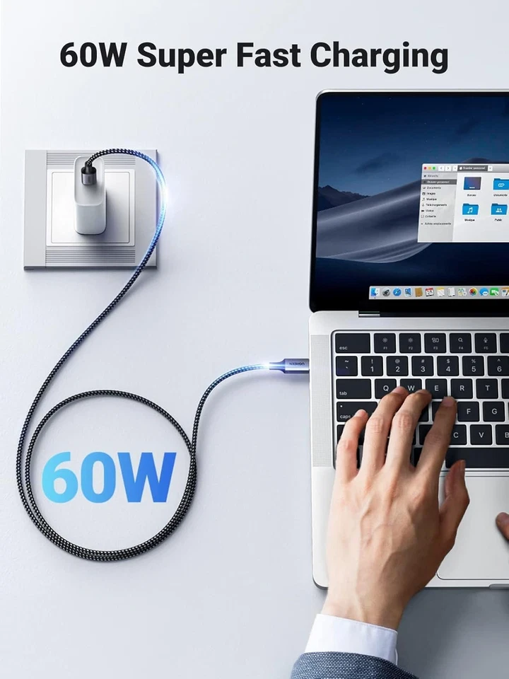 UGREEN 60W USB C to USB C 3.1 Charger Cable 5Gbps 4K@60Hz Video Display, 1 Meter - Image 2 of 4