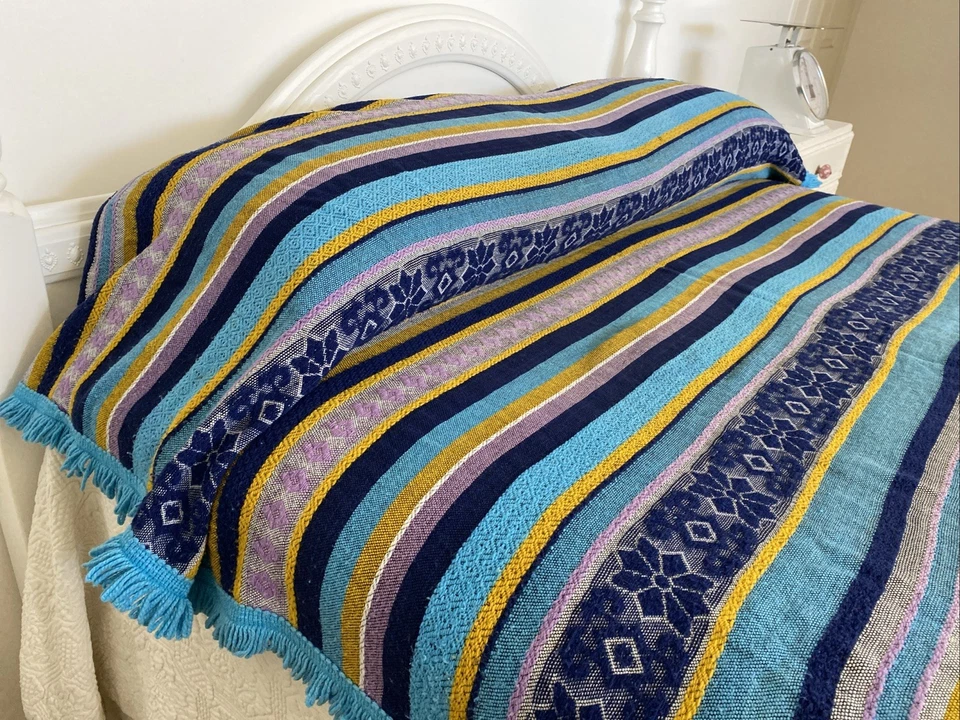 Винтажный ретро цветной фиолетовый синий полоски вискозы вискозы одиночный бахрома покрывало - Изображение 4 из 4