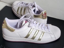 Adidas Superstar white & Glitter Gold Strips Shoe Womans Fashion Sneaker  10 EUC