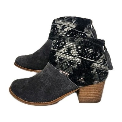 TOMS Women's Sz 9.5 Wool Leila Bootie Forged lron Grey Suede Zip Up Aztec Print