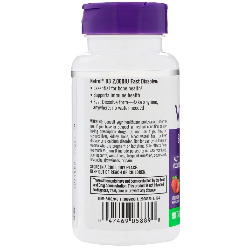 Vitamina D3, Fresa, 2.000 UI, 90 Comprimidos Foto 3 de 3