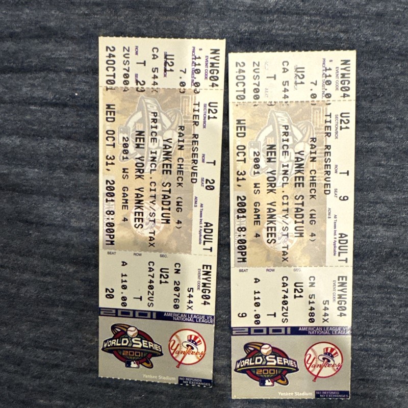 LOT (2) 2001 World Series Game 4 FULL Tickets Derek Jeter Mr. November Yankees
