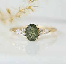 Natural Oval Green Rutilated Quartz CZ 925 Sterling Silver Engagement Ring S1706