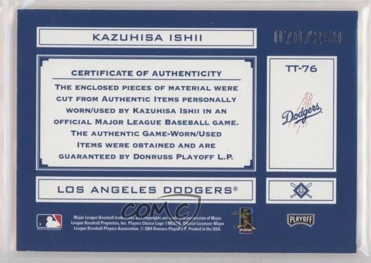 2004 Playoff Absolute Memorabilia Blue Combo Materials /250 Kazuhisa Ishii - Image 2 of 2