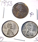 1943 P, D, S, Lincoln Wheat Cent, Penny, Fine Condition