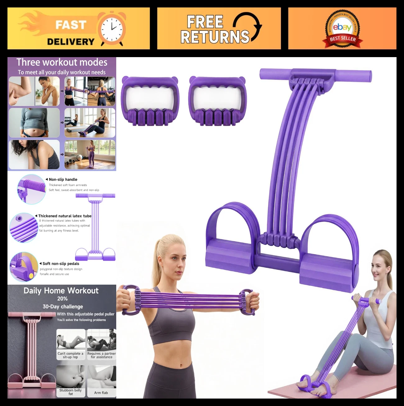 3-in-1 Adjustable Resistance Band Set, 8-Tube Tension Rope for Full-Body Workout