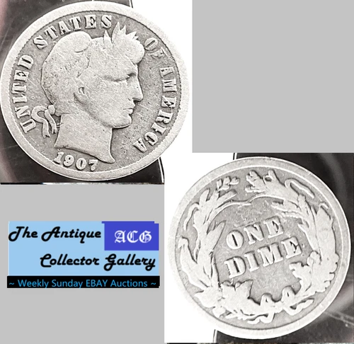 Antique 1907⌛US Philadelphia Mint Silver Barber Dime🪙🪙