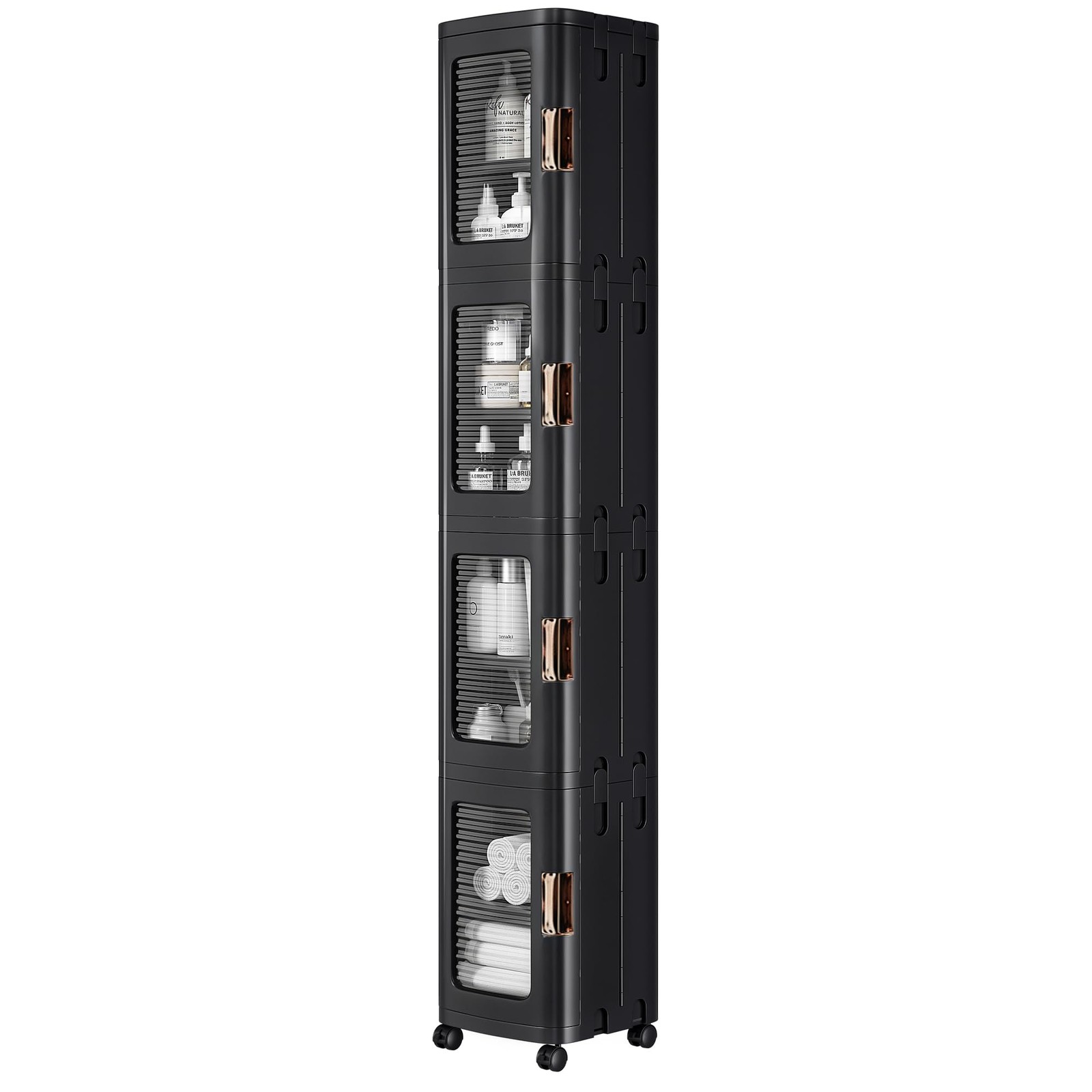 4-Tier Tall Narrow Storage Cabinet with Movable Wheels, Adjustable Shelves, A...