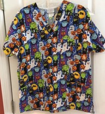 EUC PEACHES Bright Colors Halloween SCRUB TOP V Neck Front Pockets Sz M/L