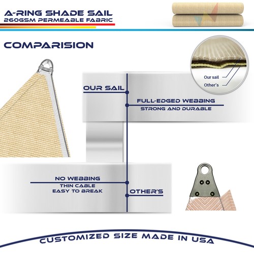25/26/27ft Sand Equilateral Triangle Outdoor Steel Cable Sun Shade Sail 260GSM - Picture 5 of 8