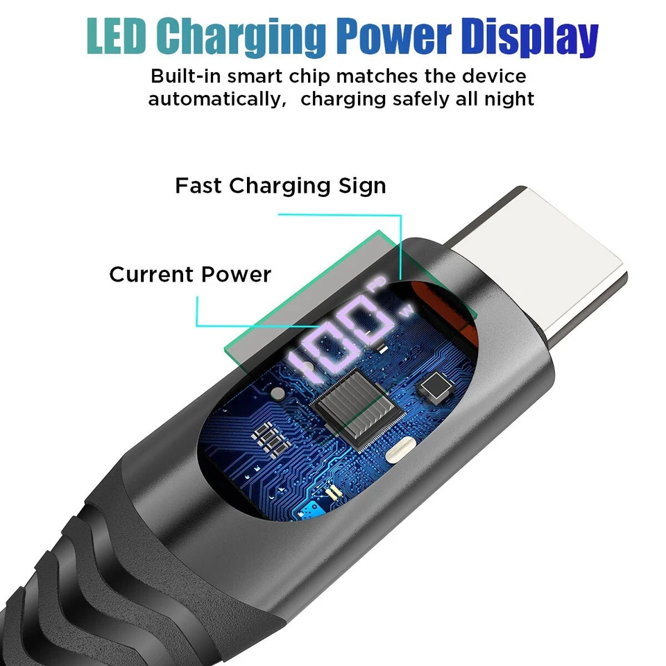 PD 100W 5A USB C to USB C Cable Fast Charging Cord LED Display Type-C Charger - Image 3 of 4