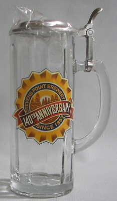 Stevens Point Brewery 1997, 140 Anniversary glass Beer stein with pewter lid