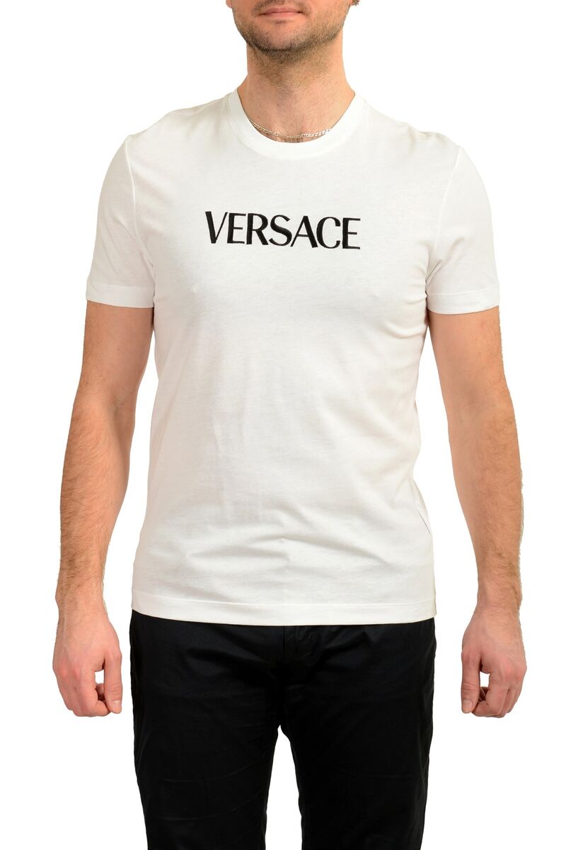 Tシャツ・カットソー VERSACE Men T-shirt White 10125451A09028 1W000 Versace Men's White Short Sleeve Logo Embroidery T-Shirt US